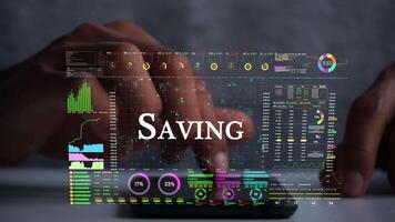 saving text on business data number futuristic hologram background. video