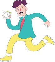 illustration of a young man jumping with a shocked expression and an alarm clock in his hand vector
