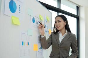 Young Accountant Presenting Financial Graphs and Data Analysis on Whiteboard in Modern Office Setting photo