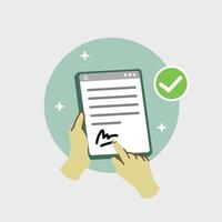 Digital electronic signature, hand holding tablet to sign digital document vector