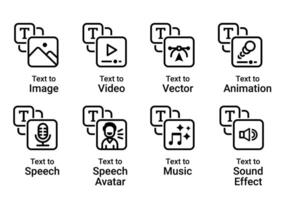 icon set of AI artificial intelligent generative text to, black outline lines vector