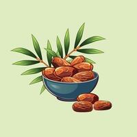 Dates fruit in a bowl with leaf, front view, isolated on white background vector