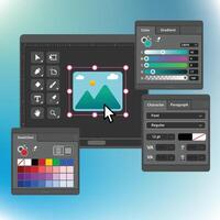 ui graphics editor and design program software, dark mode interface application vector