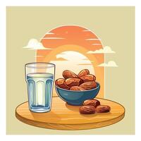 Group of dates fruits on a bowl with a glass of water, home window and sunset view at the background, iftar food or break the fast illustration vector