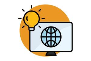 Information technology colored outline icon. monitor with earth and lightbulb. icon related to innovation. data analytics elements illustration vector