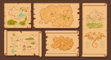 Arcade 8 bit pixel game pirate treasure maps set vector