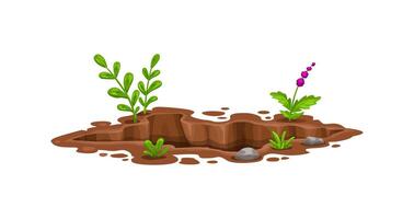 Hole pit in ground, deep dirty burrow in soil vector