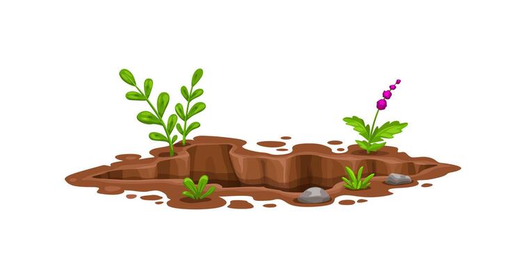 Hole pit in ground, deep dirty burrow in soil