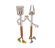 Spatula and fork retro groovy barbeque characters vector