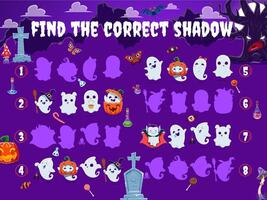 Halloween kids game, find correct shadow of ghosts vector