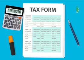 Tax form paper document with calculator, pen vector