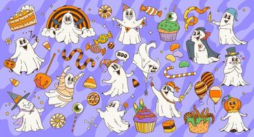 Retro groovy Halloween ghost characters and sweets vector