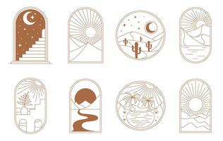 Boho window and desert icons, sun, moon and stars vector