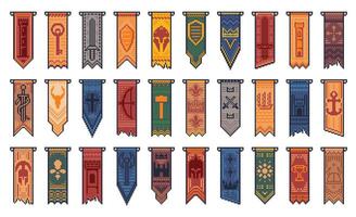 8 bit pixel game medieval heraldic pennant flags vector