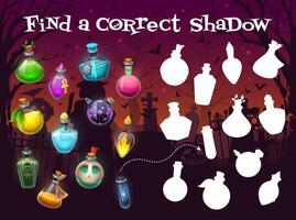 Halloween kids game, find correct shadow of potion vector