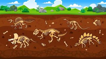 Dinosaur fossils in ground layers cross section vector