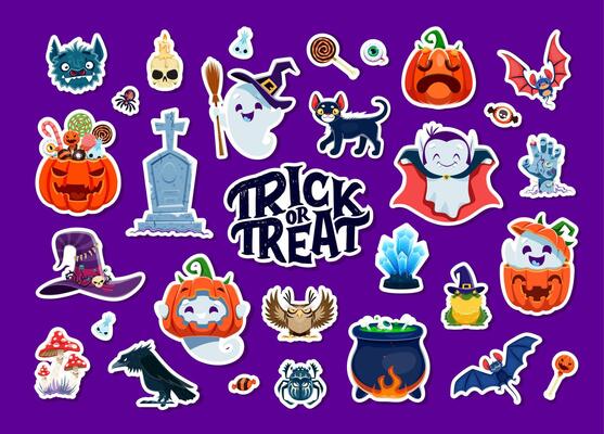 Halloween stickers. Funny cute animals, ghosts set