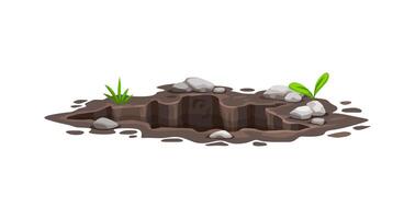 Ground hole, deep dirty pit and burrow in soil vector