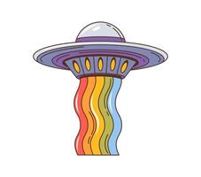 Groovy retro cartoon space UFO with galaxy rainbow vector