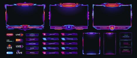 Neon overlay game screen, panel interface frames vector