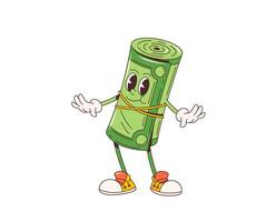 Cartoon retro groovy rolled banknote character vector