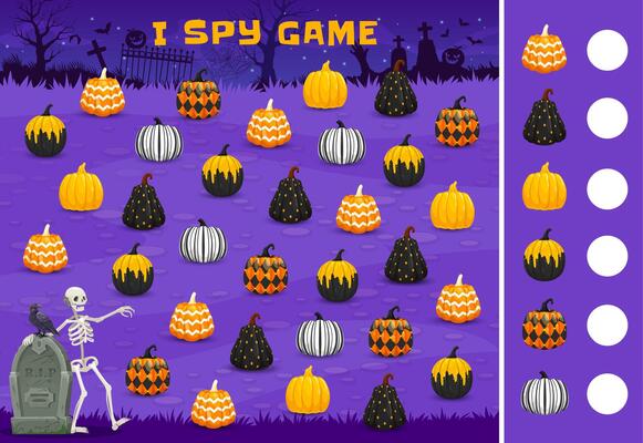 Halloween I spy kids game, pumpkins on cemetery