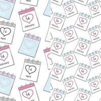 Calendar pages pattern with Date 14 February, 14 March and 14 April and heart stroke around. Set of 2 Texture Isolated. Wallpaper, wrapping or web, posters, banner, label or price tag vector