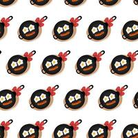 Fried eggs with yolk and sausage in shape of smiling emoticon in pan with red bow Seamless pattern Top view. Isolated on white. Culinary food poster wallpaper or card menu, promo banner concept vector