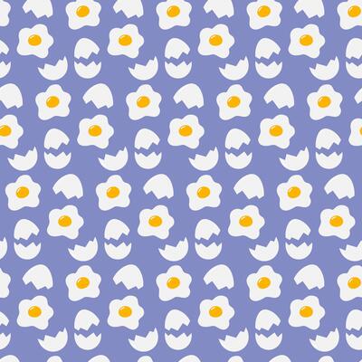Fried egg with yolk in flower shape and Cracked eggshell Seamless pattern. Culinary background idea. illustration Flyers, posters, banners, brochure, tag or leaflet wallpaper, backdrop concept