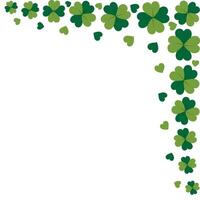 Abstract corner border of clover leaves with 4 petals and decorative hearts in trendy green Isolated. Lettering, inscriptions, cards, posters, banner, price tag, label or web Template idea vector