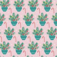 Composition of Christmas tree twigs, decorations, candy cane, snowflakes and stars Seamless pattern on soft pink backdrop. Wallpaper, wrapping or web, posters, banner, cards, label design idea vector