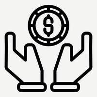 Icon of a raised hand with a coin in line style, suitable for website application buttons, and infographic elements about money, business, finance, salary, sell, buy, investment and charity. vector