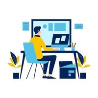 Flat Design Illustration of Man Employee Working with Computer in Workspace vector
