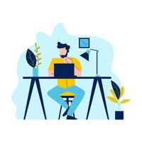 Flat Design Illustration of Man Freelancer Working with Laptop in Workspace vector