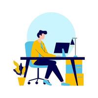 Flat Design Illustration of Man Employee Working with Computer at Office vector