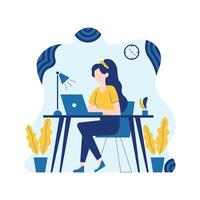 Flat Design Illustration of Woman Employee Working Using Laptop at Office with Fluid Background vector