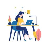 Flat Design Illustration of Woman Employee Working Using Laptop in Workspace vector