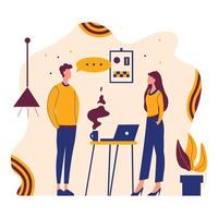 Flat Design Illustration of Man and Woman Standing While Discussing Talking at Office vector