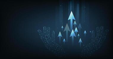 Growth business and successful with arrow up digital on Hand holding on a dark blue background. vector