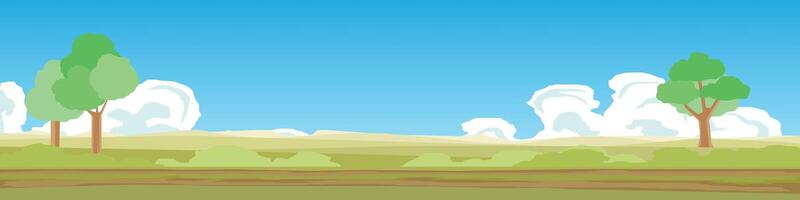 Horizontal and Landscape empty space for banner. Meadow with dirt road with grass growing in the middle of the road. Surrounded by green grass and trees. Under blue sky and white clouds. vector