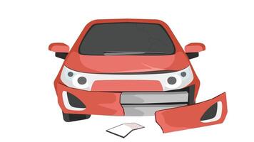 Cartoon or illustration of soft red car view from front car. front bumper is broken. Isolated white background. vector