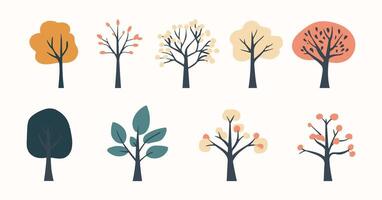 Tree and leaf collection hand drawn flat design element. botanical set of bare trees and ones with leaves and lush limited pastel color vector