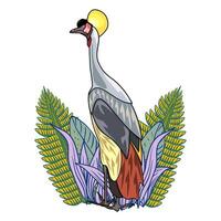Grey crowned crane bird in tropical plants vector