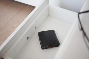 a wallet in a open drawer closeup. photo
