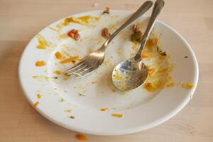 An empty dirty plate with a fork. photo