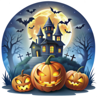 Spooky halloween scene with glowing jack-o'-lanterns, haunted house, bats, and full moon, perfect for seasonal designs, party invites, or themed promotions png