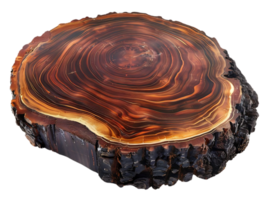 Natural Wood Slice with Transparent Background, Rustic Wooden Texture, Unique Grain Pattern,  Brown and Red Hues, Detailed Surface, Organic Shape, Wooden Slab, Tree Trunk Cross Section,  Authentic Wood, Raw Material, Natural Design, Woodworking Craft png