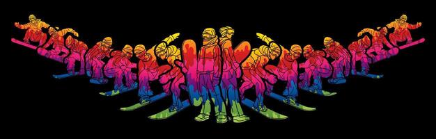 Graffiti Colorful Group of Snowboard Players Mix Action vector