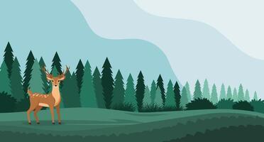 Landscape, deer on a clearing in the forest. Horizontal banner. Wildlife illustration in flat style vector