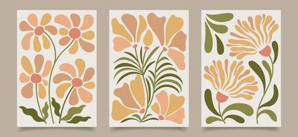 Set of wall floral retro posters. Collection of abstract tapestries in soft colors. vector